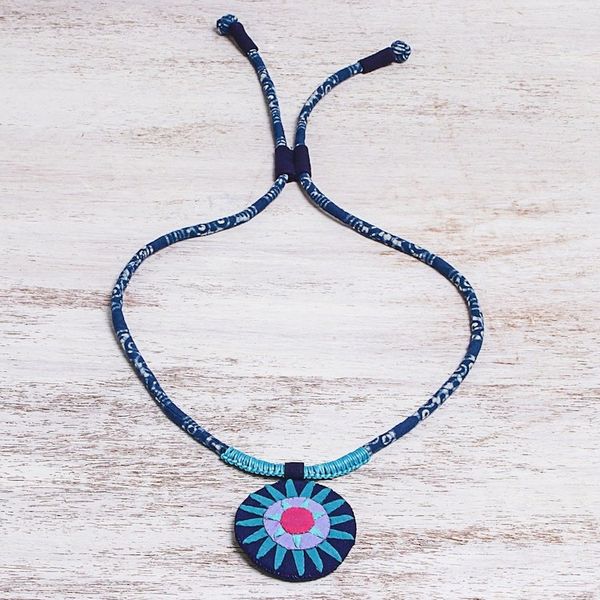 Alternate image for Handcrafted Cotton Pendant Necklace in Blue from Thailand Blue Hmong Sun Medallion