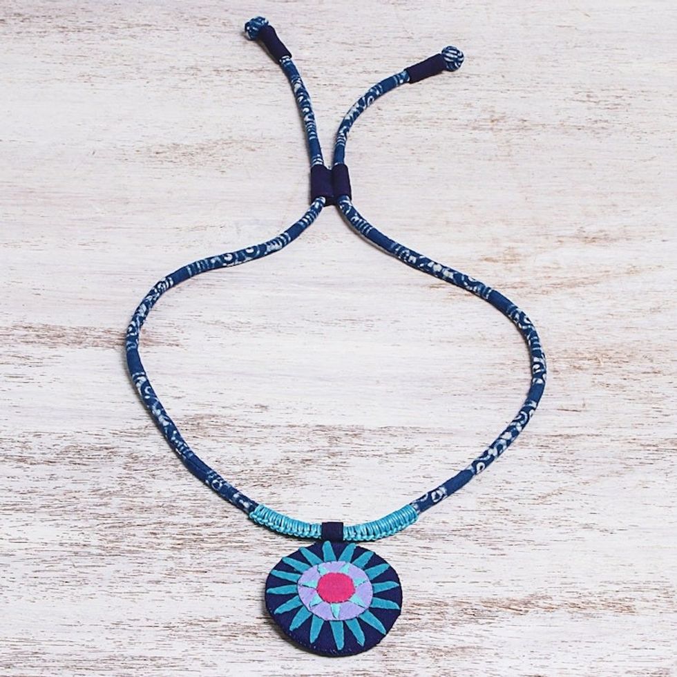 Handcrafted Cotton Pendant Necklace in Blue from Thailand 'Blue Hmong Sun Medallion'