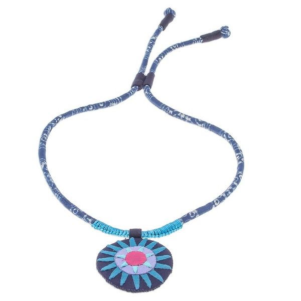 Alternate image for Handcrafted Cotton Pendant Necklace in Blue from Thailand Blue Hmong Sun Medallion