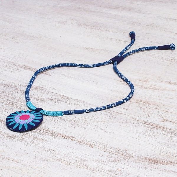 Alternate image for Handcrafted Cotton Pendant Necklace in Blue from Thailand Blue Hmong Sun Medallion