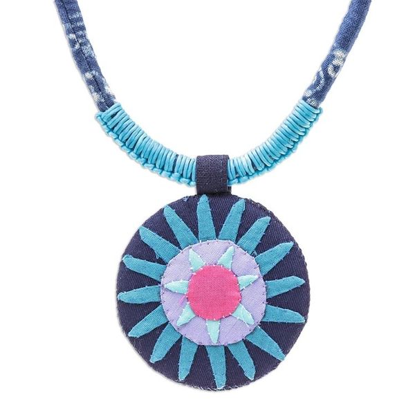 Alternate image for Handcrafted Cotton Pendant Necklace in Blue from Thailand Blue Hmong Sun Medallion