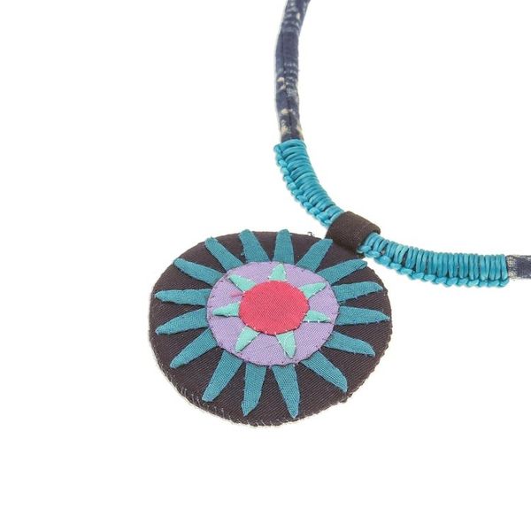 Alternate image for Handcrafted Cotton Pendant Necklace in Blue from Thailand Blue Hmong Sun Medallion