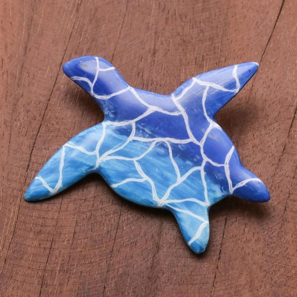 Hand-Painted Ceramic Sea Turtle Brooch in Blue 'Sea Turtle Love'