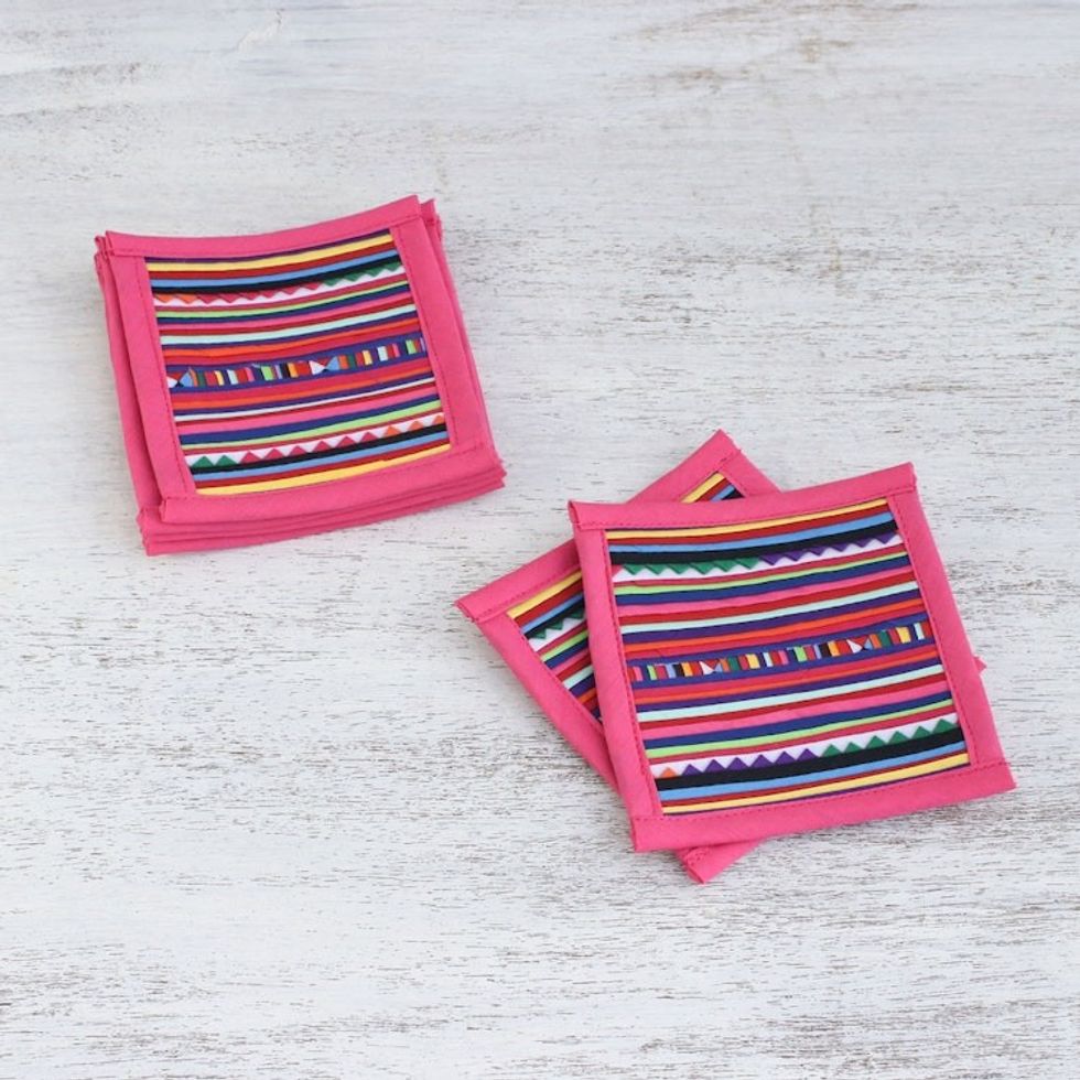 Cotton Patchwork Coasters with Pink Trim Set of 6 'Sweet Lahu'