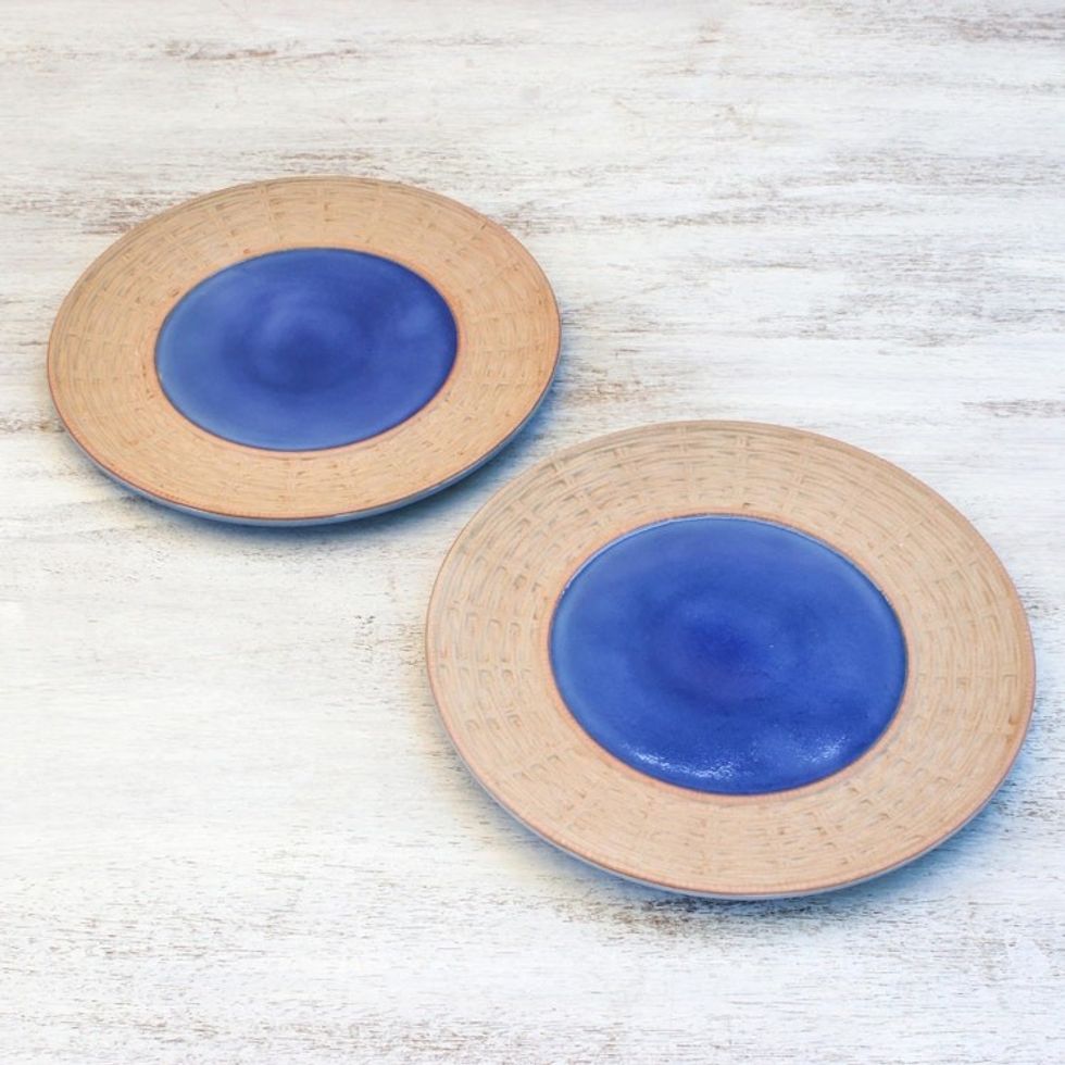 Ceramic Plates in Blue from Thailand Pair 'Country Meal'