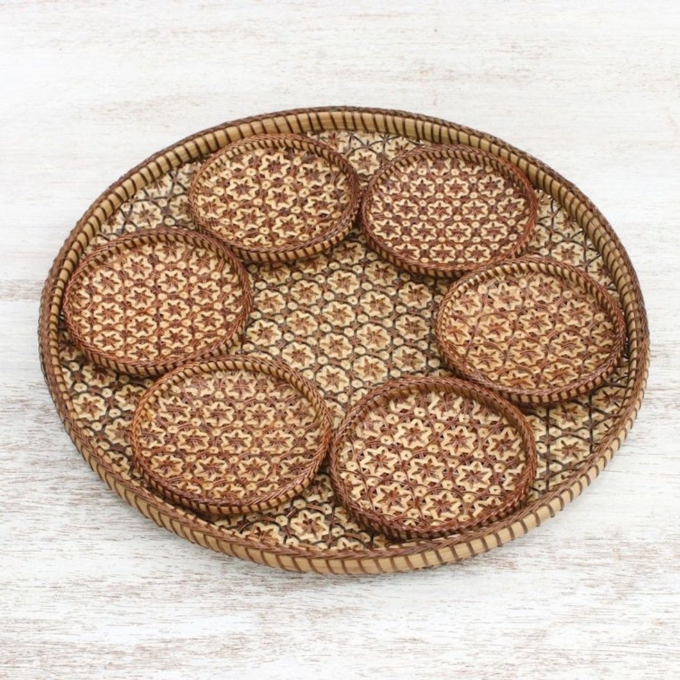 Handcrafted Woven Flower Rattan Coasters and Tray Set of 7 'Thai Blossom Hospitality'