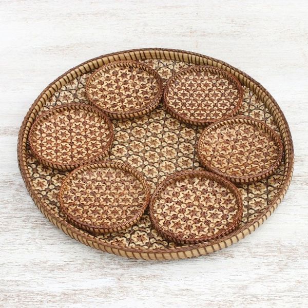Alternate image for Handcrafted Woven Flower Rattan Coasters and Tray Set of 7 Thai Blossom Hospitality