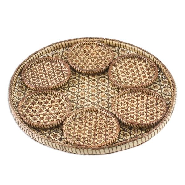 Alternate image for Handcrafted Woven Flower Rattan Coasters and Tray Set of 7 Thai Blossom Hospitality