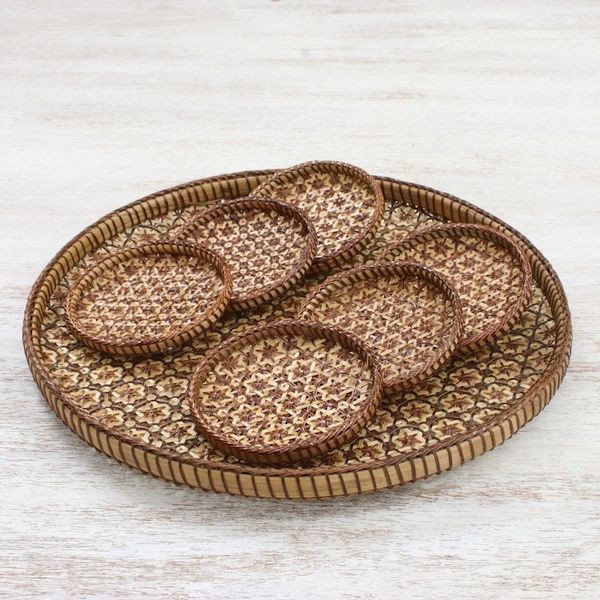 Alternate image for Handcrafted Woven Flower Rattan Coasters and Tray Set of 7 Thai Blossom Hospitality