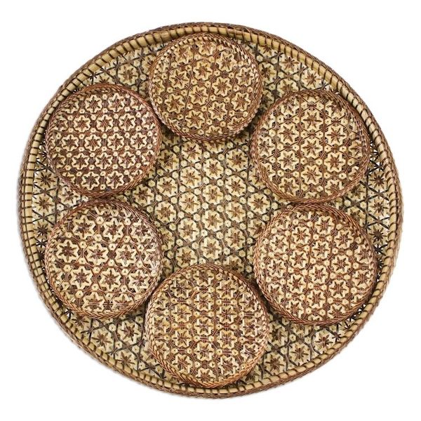 Alternate image for Handcrafted Woven Flower Rattan Coasters and Tray Set of 7 Thai Blossom Hospitality