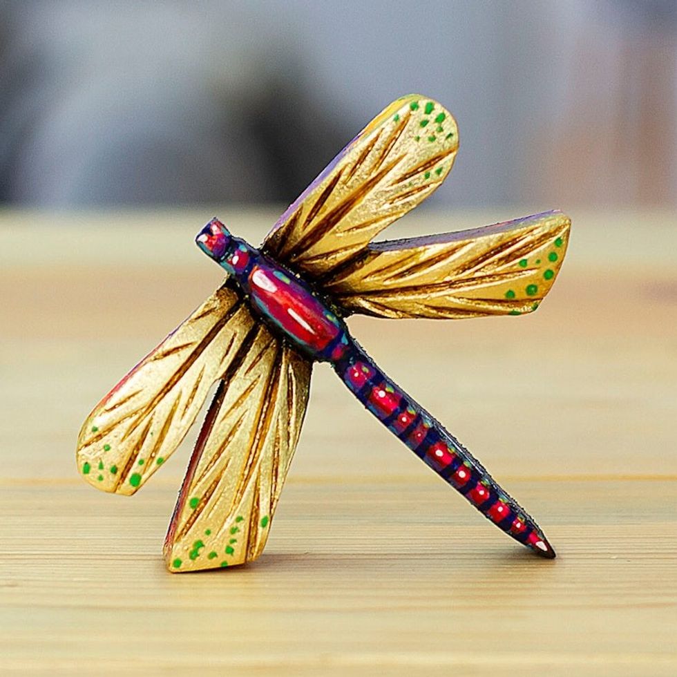 Golden and Pink Pinewood Dragonfly Magnet Carved in Mexico 'Tiny Fluttering'