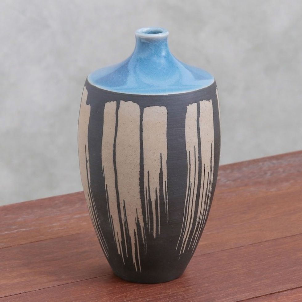 Celadon Ceramic Vase in Blue from Thailand 'Grey Cascade'