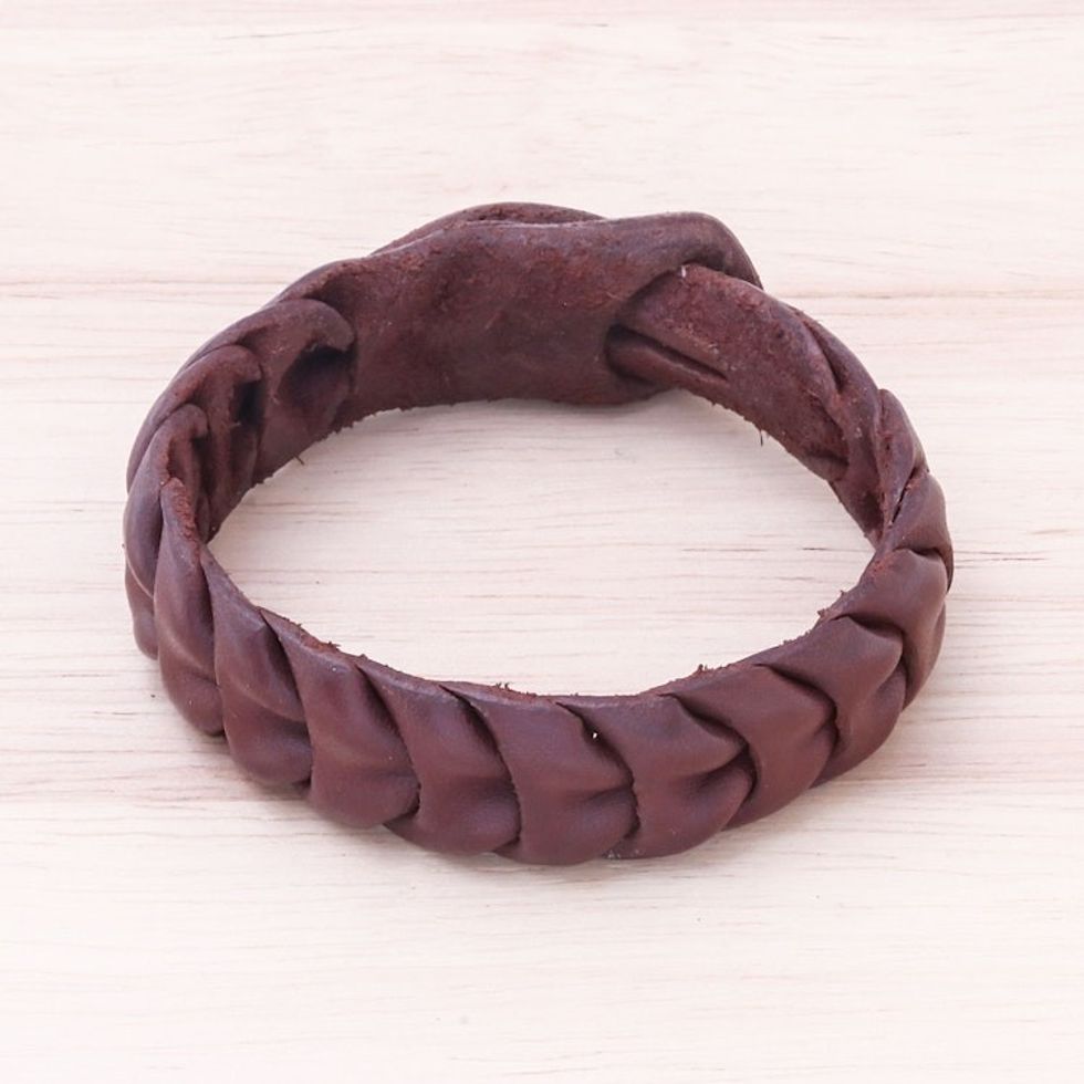 Handmade Leather Wristband Bracelet in Brown from Thailand 'Smooth Wave'