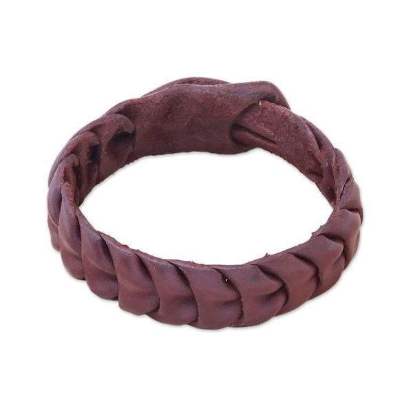 Alternate image for Handmade Leather Wristband Bracelet in Brown from Thailand Smooth Wave
