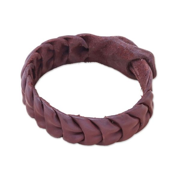 Alternate image for Handmade Leather Wristband Bracelet in Brown from Thailand Smooth Wave
