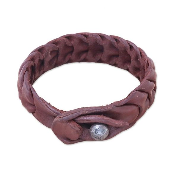 Alternate image for Handmade Leather Wristband Bracelet in Brown from Thailand Smooth Wave