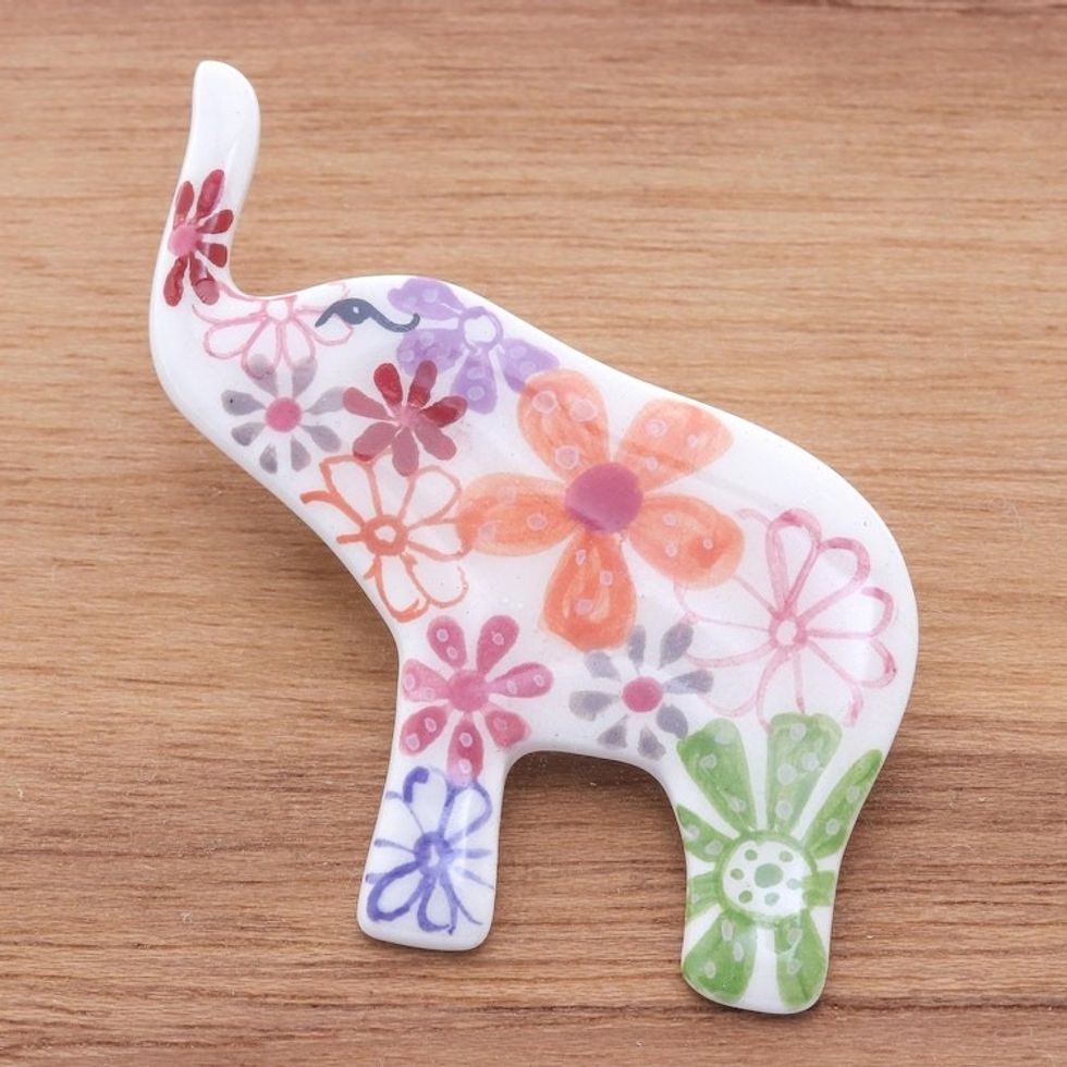 Hand Painted Elephant Brooch Pin with Flowers on White 'White Floral Elephant'