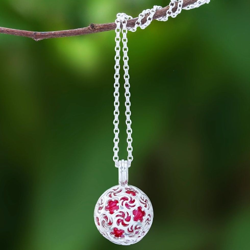 Ringing Bell Sterling Silver Pendant Necklace in Red 'Snowball'