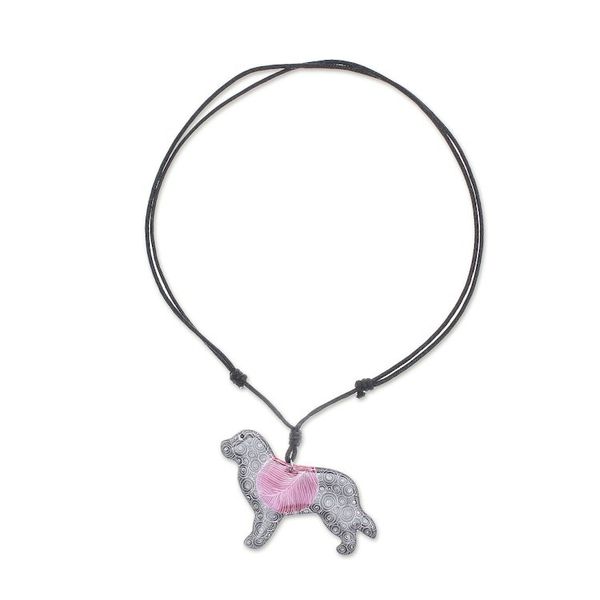 Alternate image for Ceramic Dog Pendant Necklace with Purple Painted Motifs Cosmic Dog