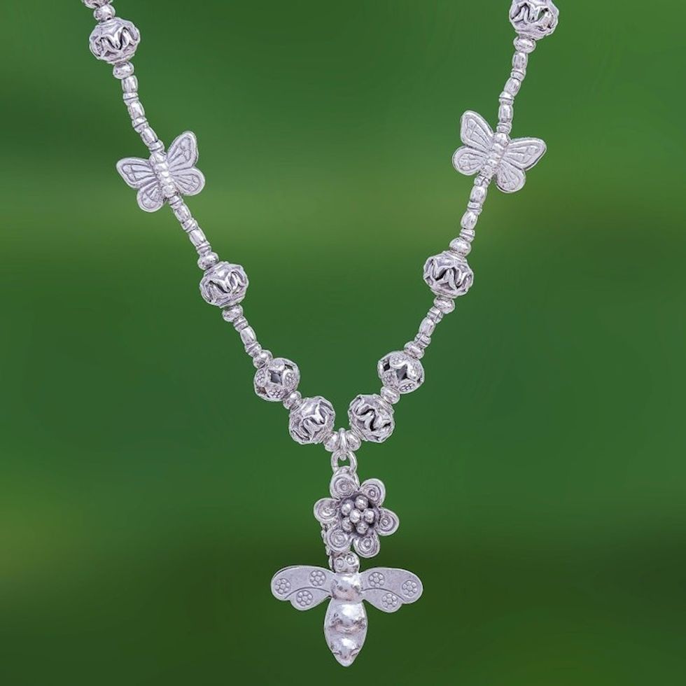 950 Silver Pendant Necklace Bee and Flower Themed 'Bee Irresistible'