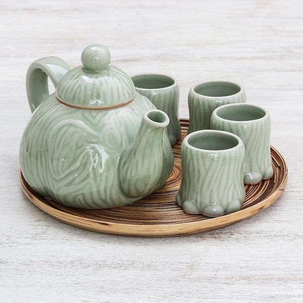 Alternate image for Celadon Ceramic Elephant Tea Set and Bamboo Tray Set for 4 Elephant Tea Party
