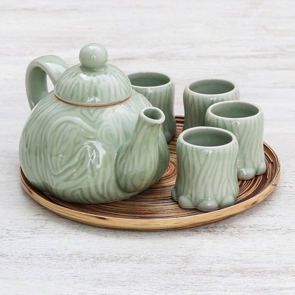 Celadon Ceramic Elephant Tea Set and Bamboo Tray Set for 4 'Elephant Tea Party'