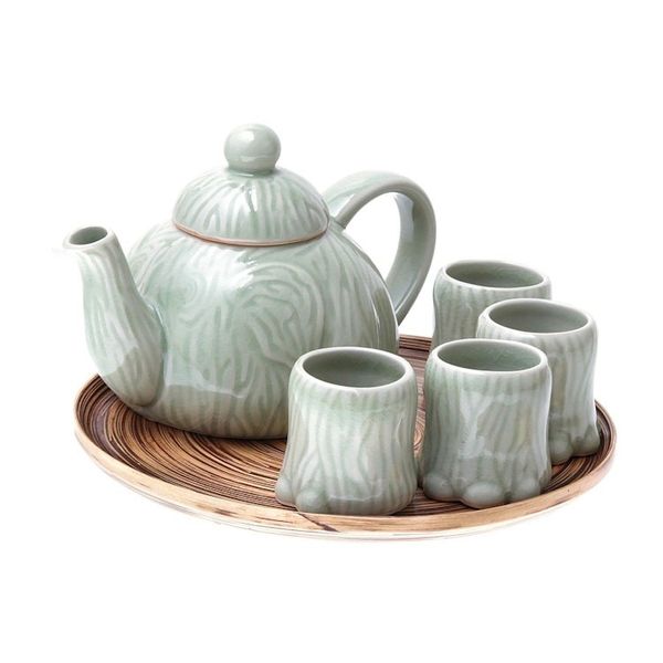 Alternate image for Celadon Ceramic Elephant Tea Set and Bamboo Tray Set for 4 Elephant Tea Party