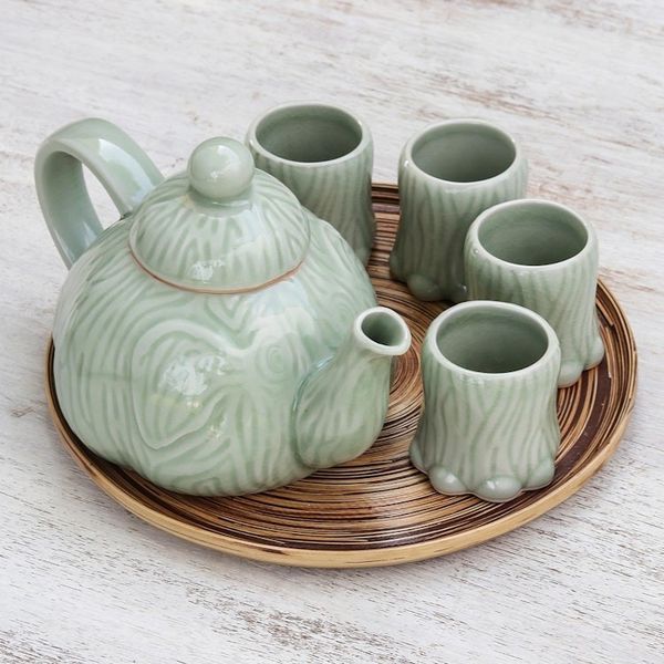 Alternate image for Celadon Ceramic Elephant Tea Set and Bamboo Tray Set for 4 Elephant Tea Party