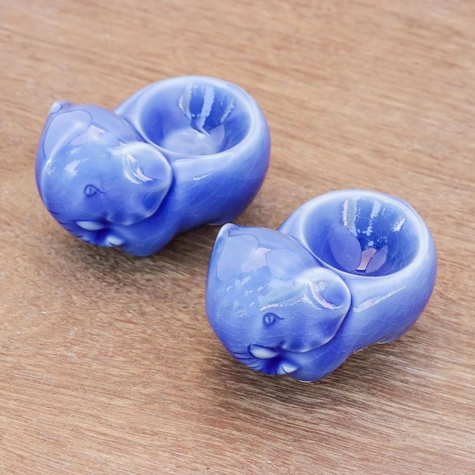 Blue Ceramic Elephant Egg Cups from Thailand Pair 'Elephant Sisters'