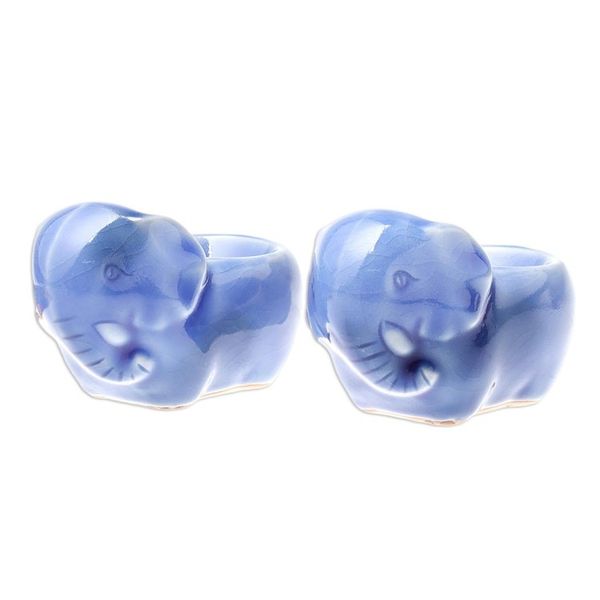 Alternate image for Blue Ceramic Elephant Egg Cups from Thailand Pair Elephant Sisters