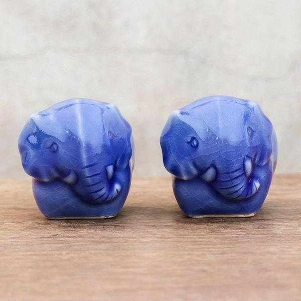 Alternate image for Blue Ceramic Elephant Egg Cups from Thailand Pair Elephant Sisters