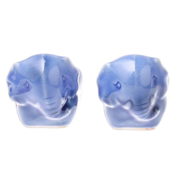 Alternate image for Blue Ceramic Elephant Egg Cups from Thailand Pair Elephant Sisters