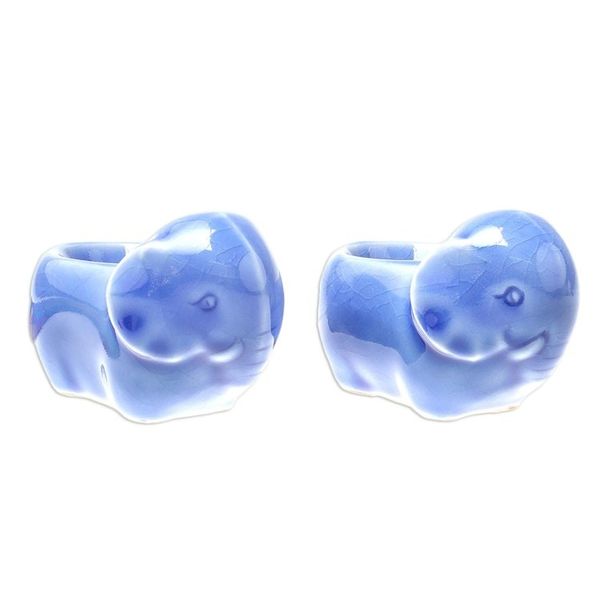 Alternate image for Blue Ceramic Elephant Egg Cups from Thailand Pair Elephant Sisters