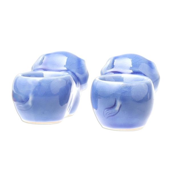 Alternate image for Blue Ceramic Elephant Egg Cups from Thailand Pair Elephant Sisters