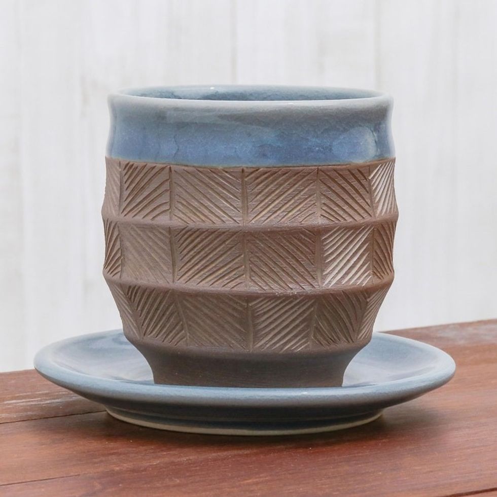 Blue and Brown Celadon Ceramic Cup and Saucer from Thailand 'Comfort Etches'