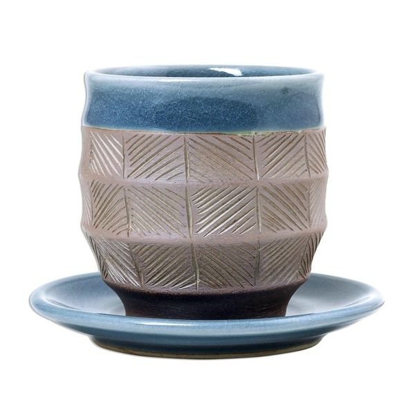 Alternate image for Blue and Brown Celadon Ceramic Cup and Saucer from Thailand Comfort Etches