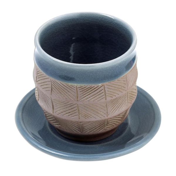 Alternate image for Blue and Brown Celadon Ceramic Cup and Saucer from Thailand Comfort Etches