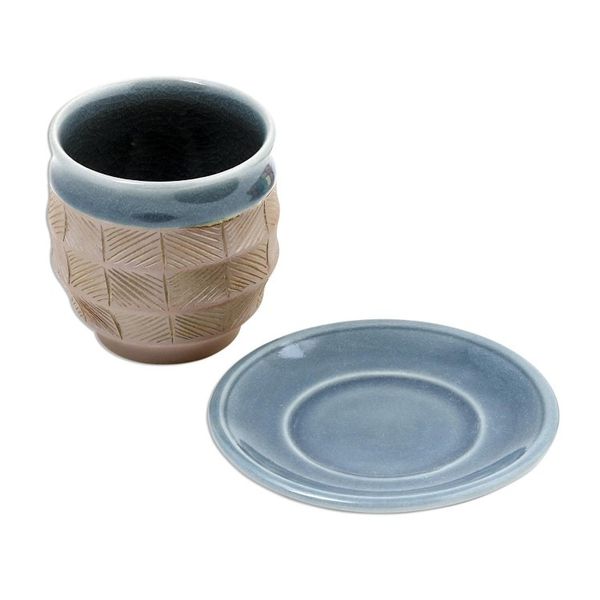Alternate image for Blue and Brown Celadon Ceramic Cup and Saucer from Thailand Comfort Etches