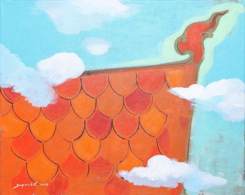 Signed Naif Painting of an Orange Roof from Thailand 'Thai Roof II'