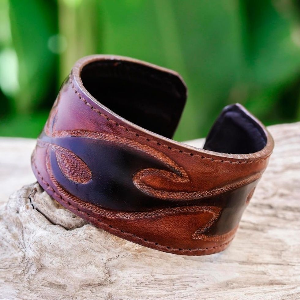 Tribal Pattern Brown Leather Cuff Bracelet from Thailand 'Tribal Pattern in Brown'