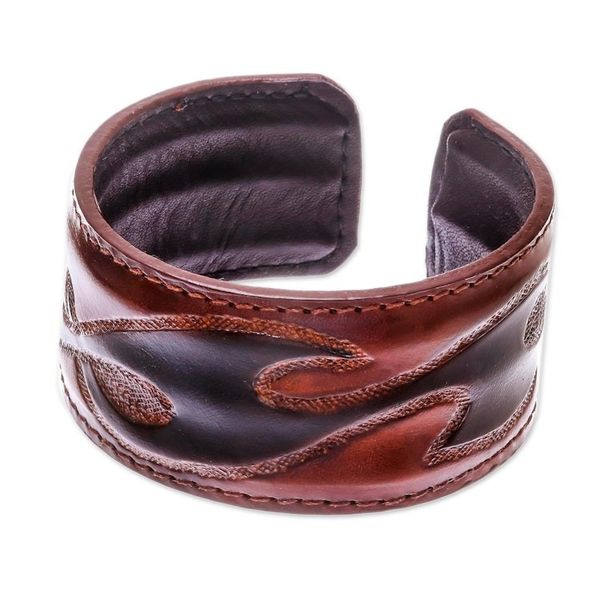 Alternate image for Tribal Pattern Brown Leather Cuff Bracelet from Thailand Tribal Pattern in Brown