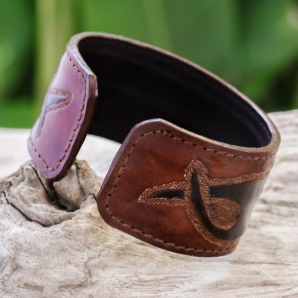 Alternate image for Tribal Pattern Brown Leather Cuff Bracelet from Thailand Tribal Pattern in Brown