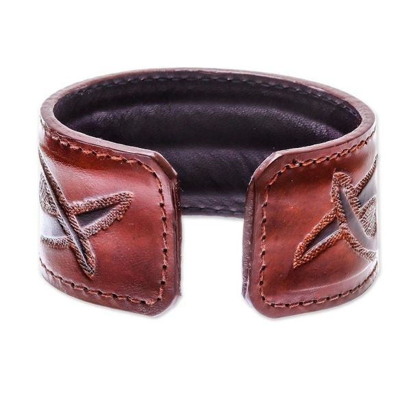 Alternate image for Tribal Pattern Brown Leather Cuff Bracelet from Thailand Tribal Pattern in Brown