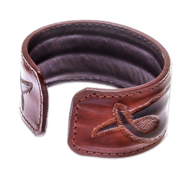 Alternate image for Tribal Pattern Brown Leather Cuff Bracelet from Thailand Tribal Pattern in Brown