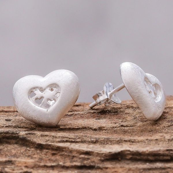 Alternate image for Heart-Shaped Sterling Silver Stud Earrings from Thailand A Lot of Love