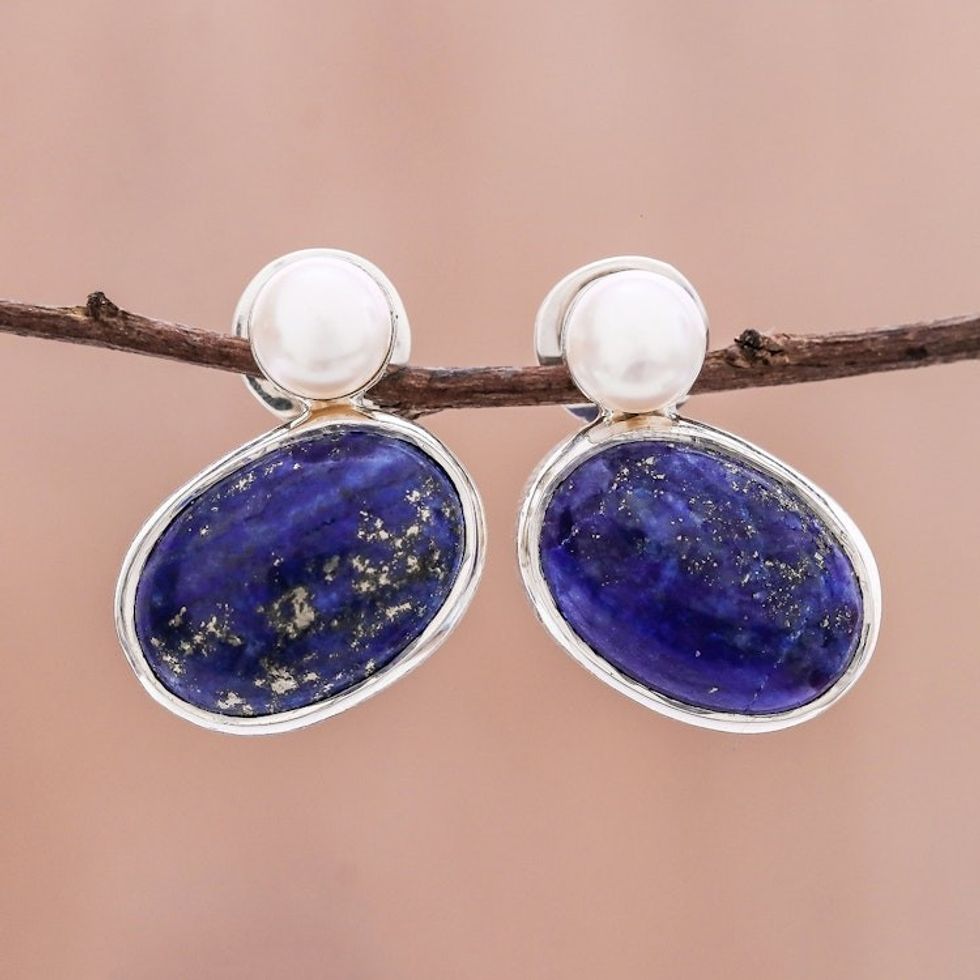 Lapis Lazuli and Cultured Pearl Drop Earrings from Thailand 'Star and Moon'