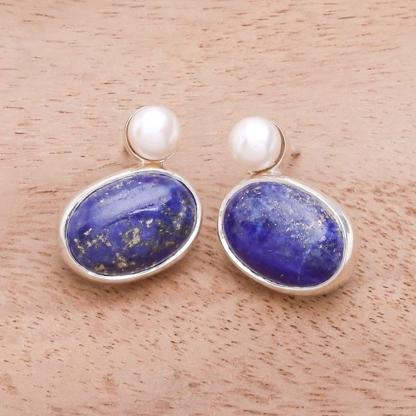 Alternate image for Lapis Lazuli and Cultured Pearl Drop Earrings from Thailand Star and Moon
