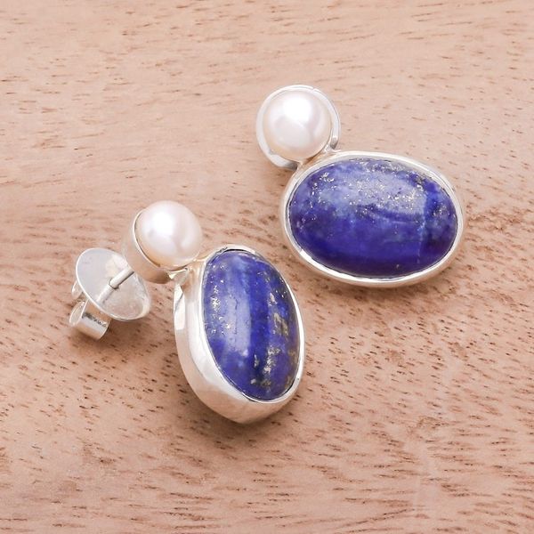 Alternate image for Lapis Lazuli and Cultured Pearl Drop Earrings from Thailand Star and Moon
