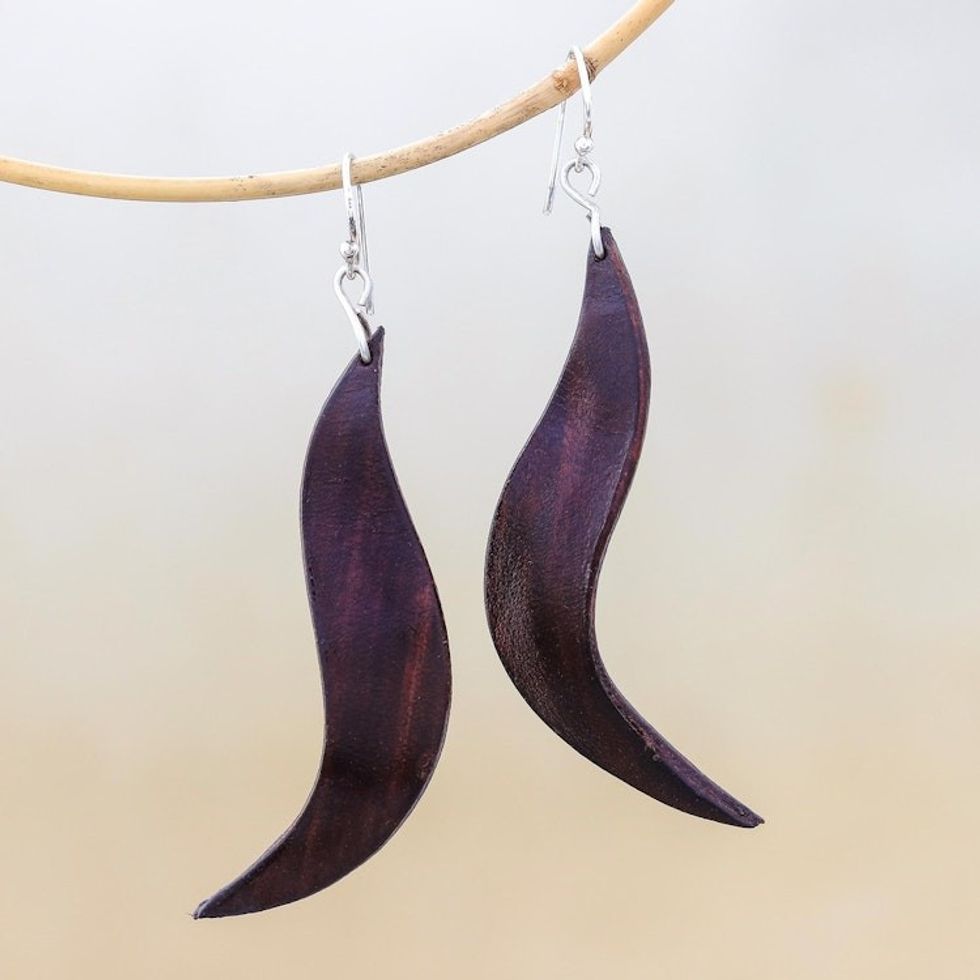 Wavy Leather Dangle Earrings in Brown from Thailand 'Lithe Leaves in Brown'