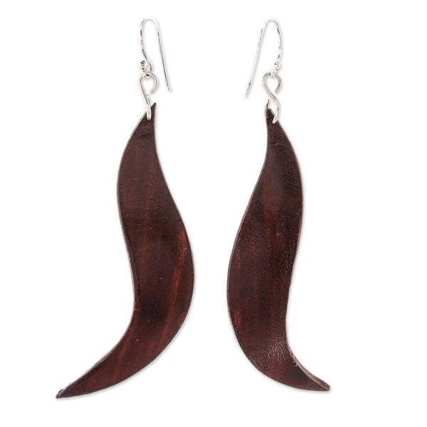 Alternate image for Wavy Leather Dangle Earrings in Brown from Thailand Lithe Leaves in Brown